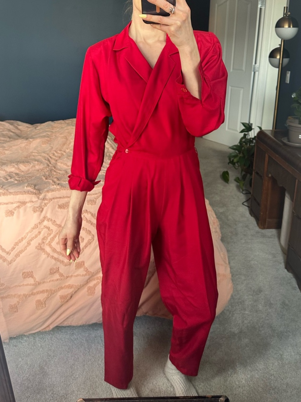 Vintage 100% silk Red Women's Jumpsuit - Wrap-Style
